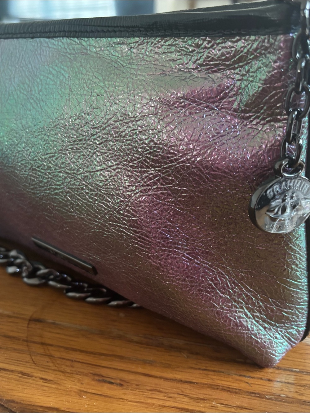 Brahmin Iridescent Purple and Green Metallic Clutch with Chain Charm